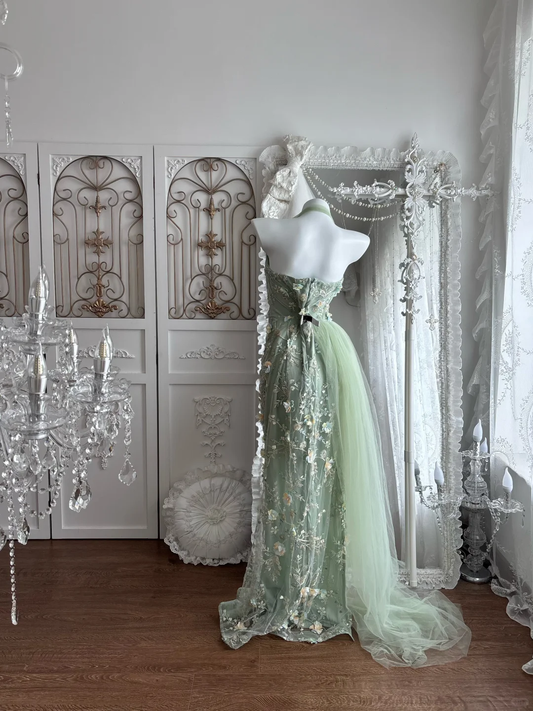 Light Green Halter Neck Floral Embroidered Waist-Cinched Mermaid Prom Gown & Evening Gown gh7352