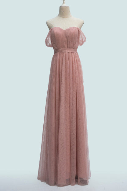 Blushing Pink A-line Sheer Strap Pleated Waistband Long Bridesmaid Dress