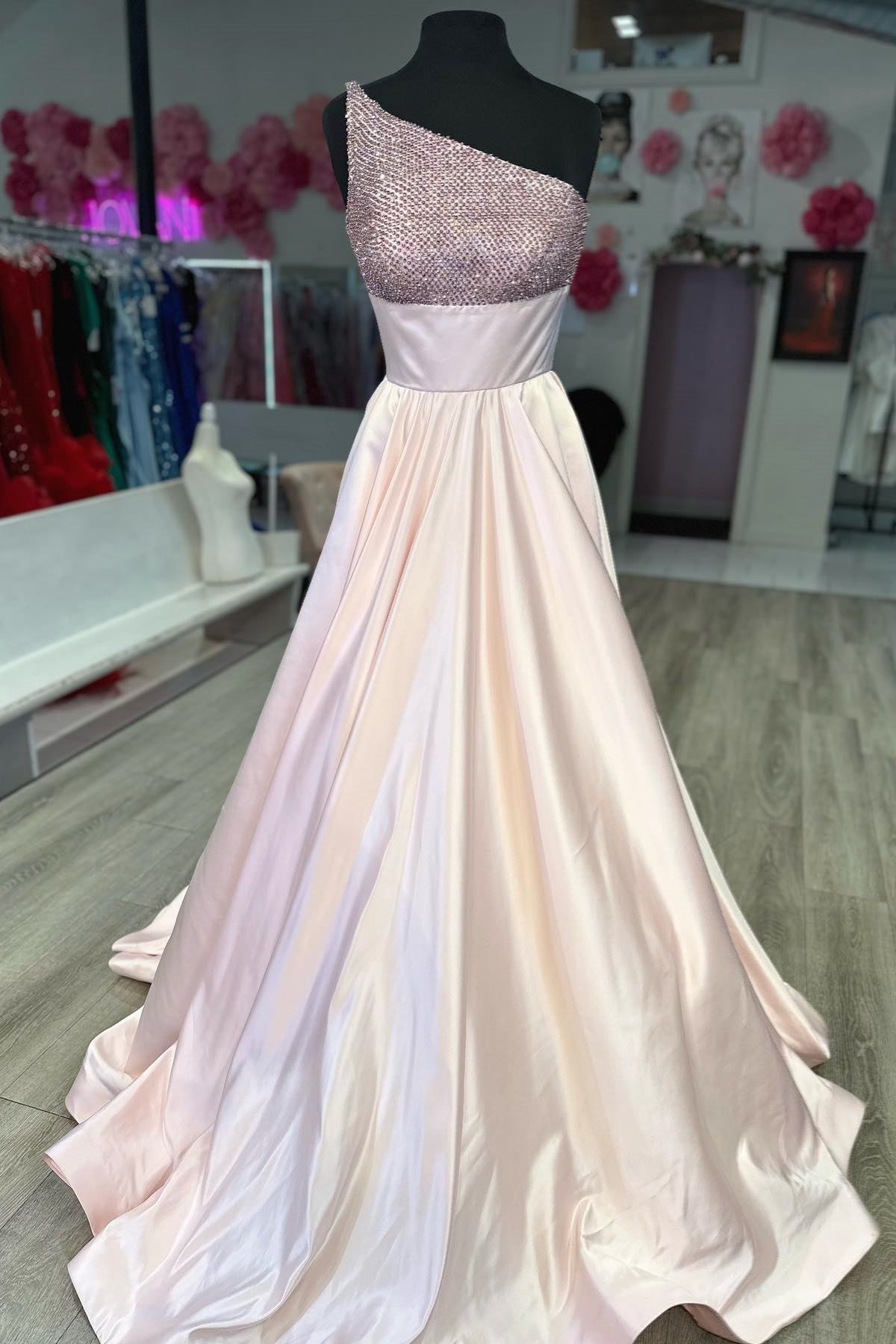 One-Shoulder Beaded A-line Empire Satin Long Prom Dress