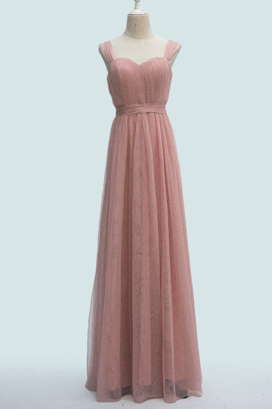 Blushing Pink A-line Sheer Strap Pleated Waistband Long Bridesmaid Dress