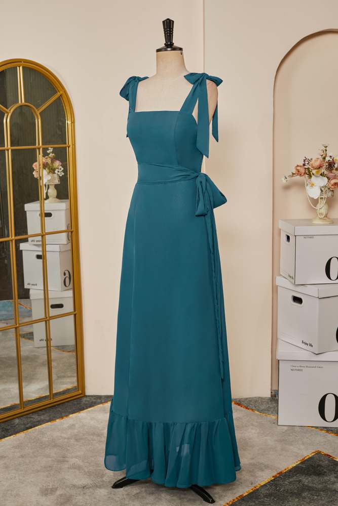 Teal Bow Tie Straps Ruffled A-line Long Bridesmaid Dress with Sash