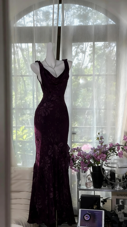 Elegant Purple Mermaid Printed Boat Neck Chiffon Long Prom Dress Evening Dress P4040