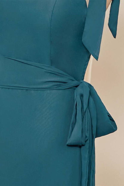Teal Bow Tie Straps Ruffled A-line Long Bridesmaid Dress with Sash