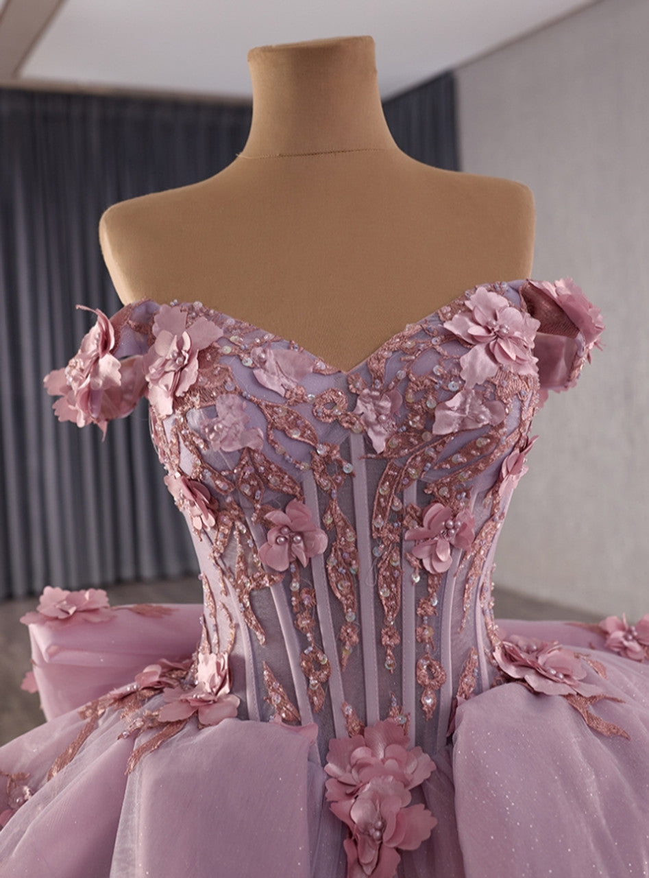 Glamorous Lavender Glitter Tulle Off-the-Shoulder Floral Embroidery 3D Rose Appliques Sweet 15 Quinceanera Ball Gown TP5448