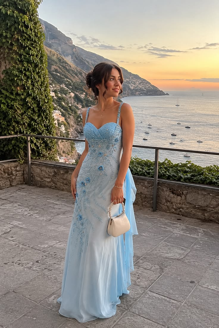 Light Blue Beaded Spaghetti Straps Waist-Cinched Fitted Elegant Prom Dress, Evening Gown gh7298