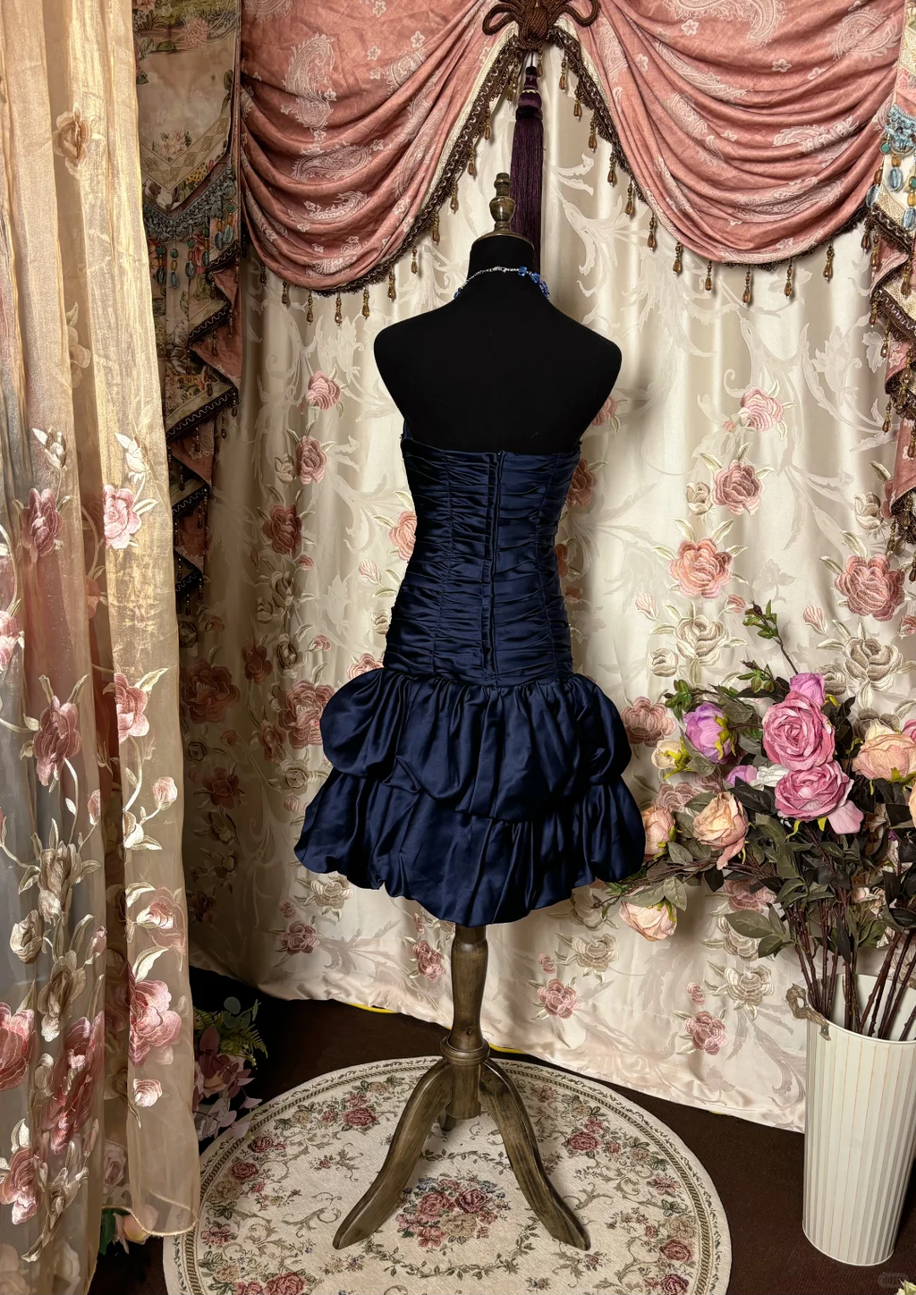 Vintage Navy Blue Beading Strapless A-line Satin Short Homecoming Dresses TP3917