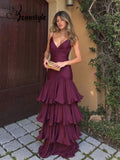Vintage Burgundy Satin Evening Gown Sheath V-neck Party Dress Tiered Long Formal Dress TP4976