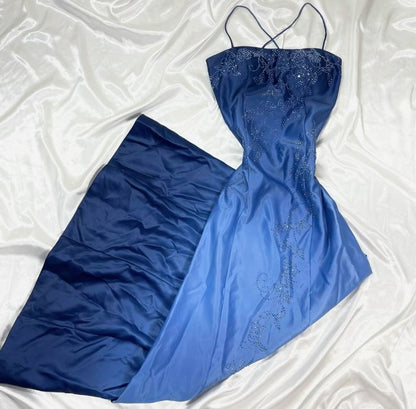 Blue Vintage Fashion Elegant Retro Exquisite Beaded Spaghetti Strap Long Satin Tulle Ball Gown Evening Gown Party Dress Prom Gown gh3895