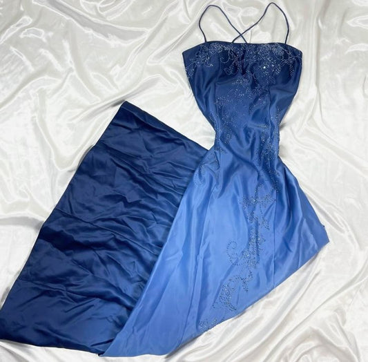 Blue Vintage Fashion Elegant Retro Exquisite Beaded Spaghetti Strap Long Satin Tulle Ball Gown Evening Gown Party Dress Prom Gown gh3895