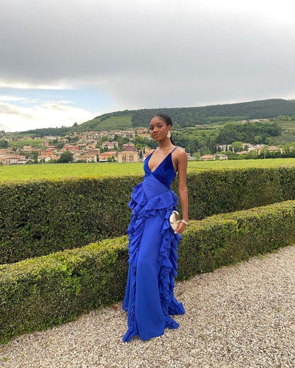 Blue v-neck low-cut hem ruffled slim long chiffon ball gown evening dress party dress gh3037