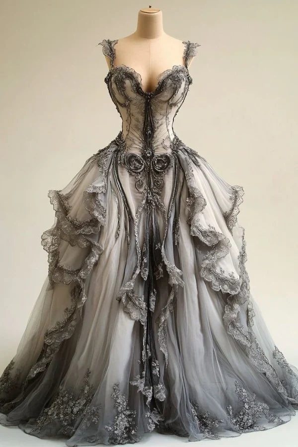 Off-White Vintage Delicate Lace A-Line V-Neck Tulle Long Floor-Length Ball Gown Evening Gown Wedding Dress gh3597