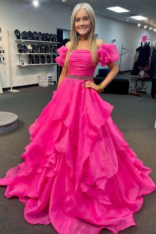 A-Line Beaded Empire Square Short Sleeves Tiered Party Prom Dress