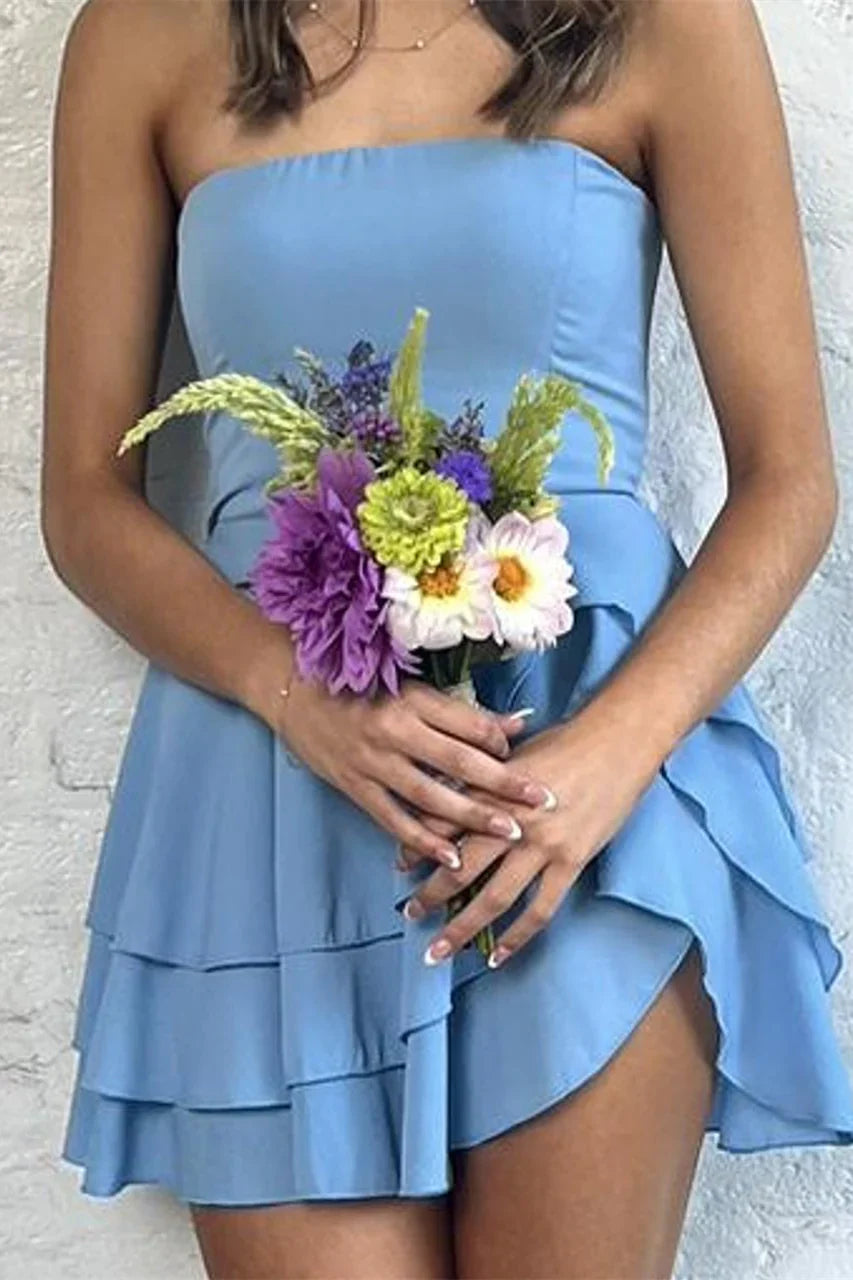 A-Line Chiffon Empire Strapless Tiered Short Homecoming Graduation Dress