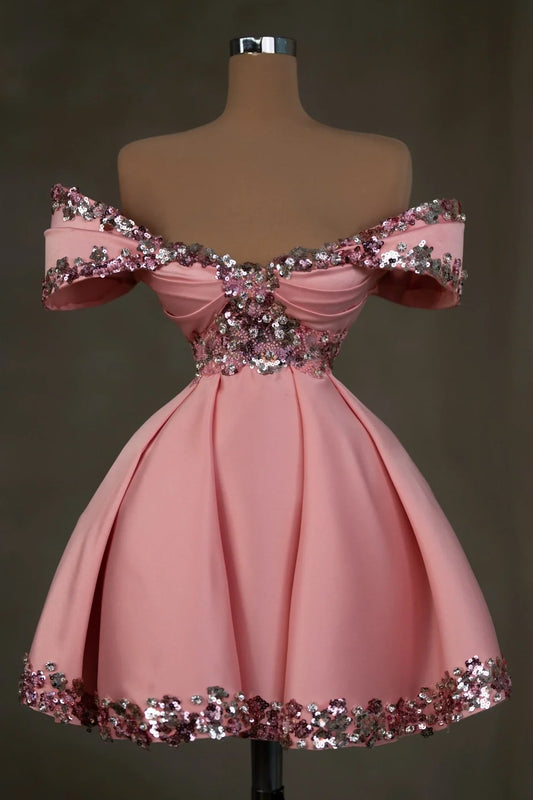 A-Line Empire Off-Shoulder Sequins Beaded Satin Homecoming Dress
