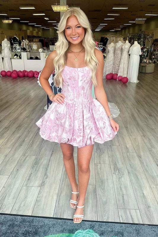 A-Line Empire Strapless Floral Satin Mini Party Homecoming Dress