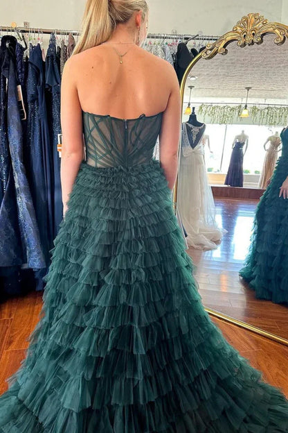 A-Line Empire Sweetheart Strapless Tiered Tulle Party Prom Dress