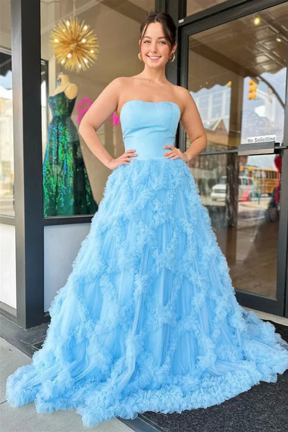 A-Line Empire Two Tone Ruffled Strapless Party Prom Dress