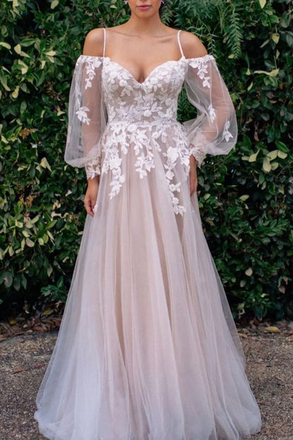 A-Line Off-Shoulder Appliques Beach Wedding Dress