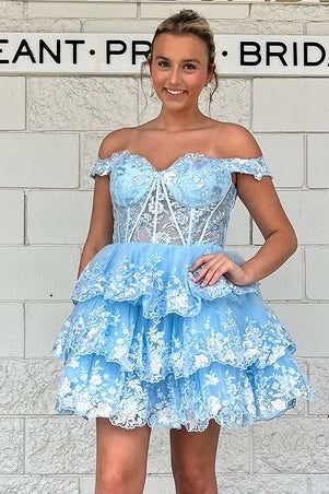A-Line Off-Shoulder Open Back Lace Tiered Sparkly Homecoming Dress