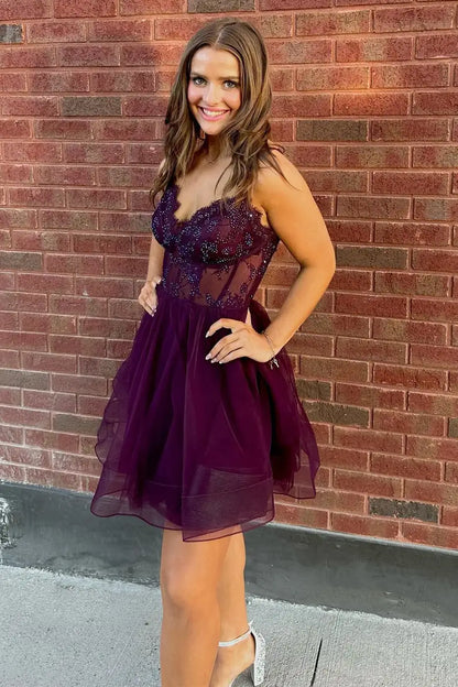 A-Line Sheer Empire Appliques Tulle Party Homecoming Dress