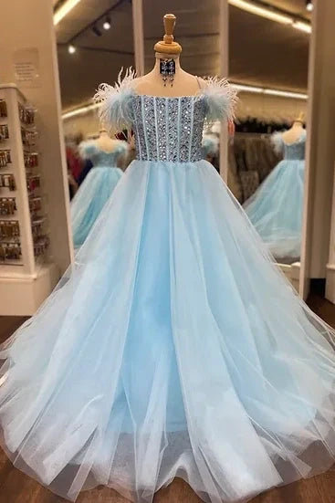 A-Line Sleeveless Empire Beaded Tulle Girl Pageant Dress