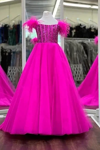 A-Line Sleeveless Empire Beaded Tulle Girl Pageant Dress