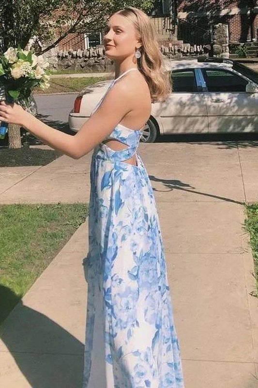 A-Line Spaghetti Straps Empire Floral Party Prom Dress