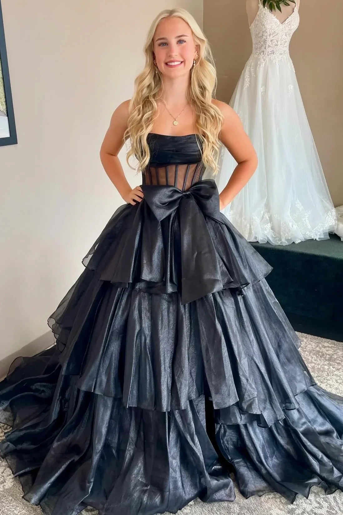 A-Line Tiered Empire Long Party Prom Dress With Bow