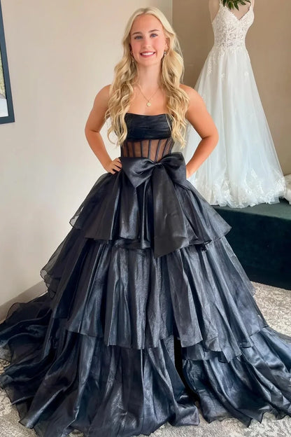 A-Line Tiered Empire Long Party Prom Dress With Bow