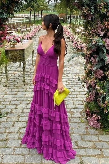 A-Line V-Neck Sleeveless Tiered Party Prom Dress
