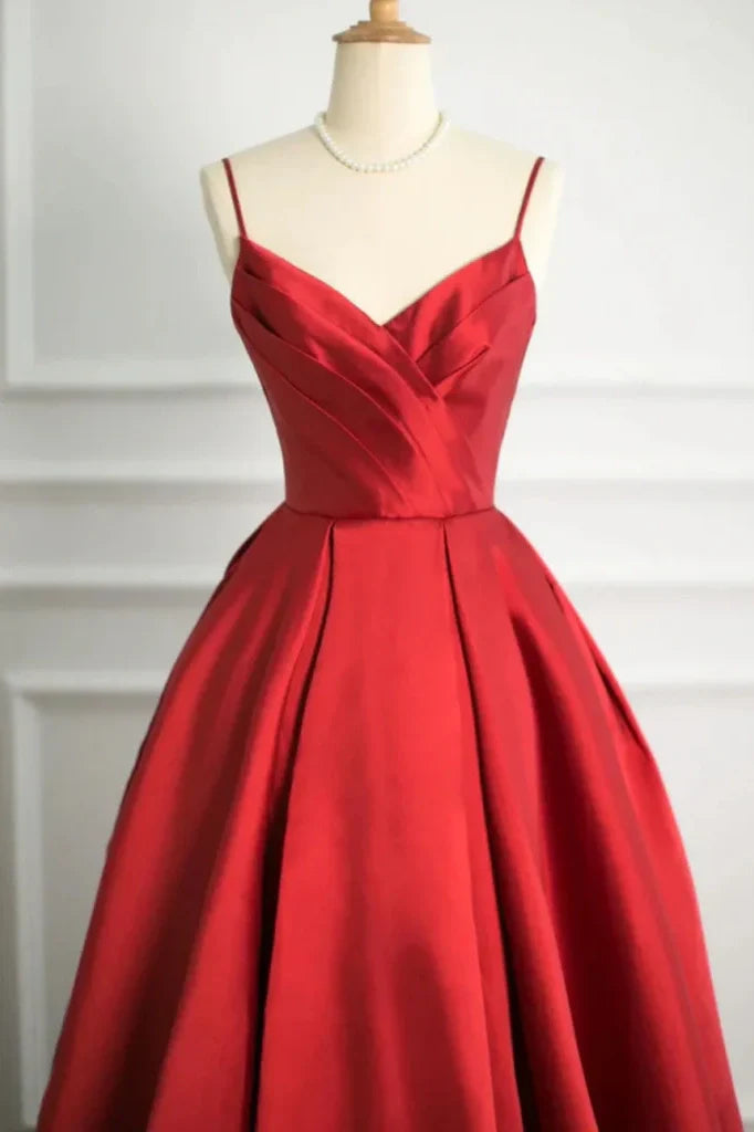 A-Line V-Neck Spaghetti Straps Satin Empire Party Prom Dress