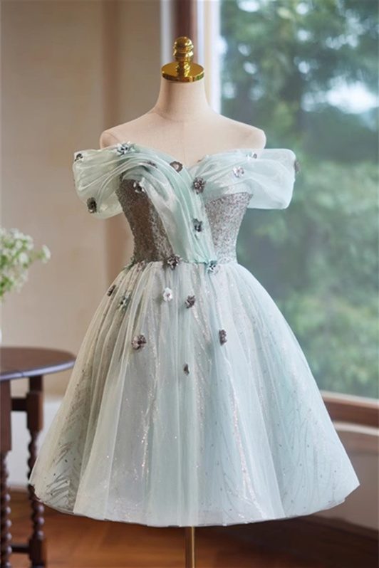 A-Line Off the Shoulder Tulle with Hand Made Flower Homecoming Dress