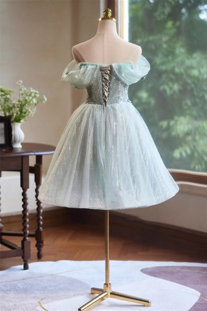 A-Line Off the Shoulder Tulle with Hand Made Flower Homecoming Dress