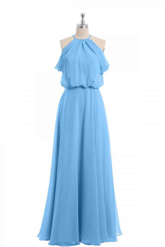 Blue A-line Halter Off-Shoulder Chiffon Long Bridesmaid Dress