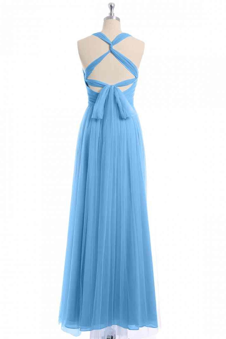 Blue A-line Sheer Straps Cross Back Chiffon Long Bridesmaid Dress