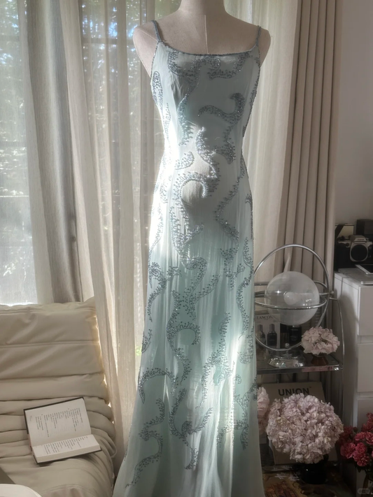 Light Blue Gorgeous Sparkling Fashion Elegant Exquisite Beaded Long Chiffon Fairy Ball Gown Evening Dress Birthday/Wedding Guest/Vacation Party Dress Prom Dress Valentine's Day Date Dress gh4036