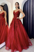 A Line V Neck Backless Burgundy Lace Long Prom Dress, Burgundy Lace Formal Graduation Evening Dress
