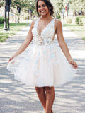 A Line V Neck Light Champagne Lace Floral Short Prom Dresses, Short Lace Floral Graduation Homecoming Dresses