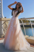 A Line V Neck Tulle Long Prom Dress V Back with Floral Appliques,Holiday Dresses