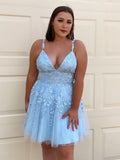 A Line V Neck Short Blue Lace Prom Dresses, Short Blue Lace Graduation Homecoming Dresses
