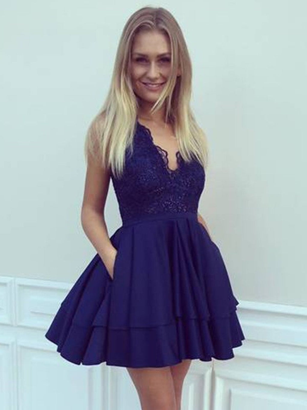 A Line V Neck Short Navy Blue Lace Prom Dresses, Short Navy Blue Lace Graduation Homecoming Dresses