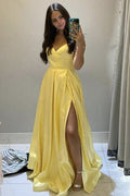 A Line V Neck Yellow Satin Long Prom Dress with Slit, V Neck Yellow Formal Graduation Evening Dress