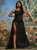 Sexy Black Mermaid Strapless Sequined High Split Long Floor Length Prom Dresses TP1687