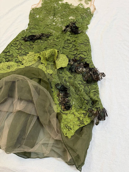 girlhomeshops-Olive Green Lace and Chiffon Paneled Sleeveless Midi Dress gh6311