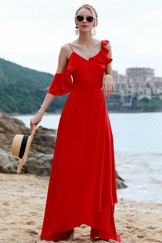 Asymmetric Red Chiffon Maxi Dress