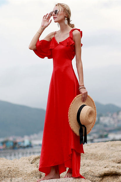 Asymmetric Red Chiffon Maxi Dress