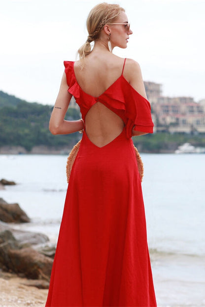 Asymmetric Red Chiffon Maxi Dress