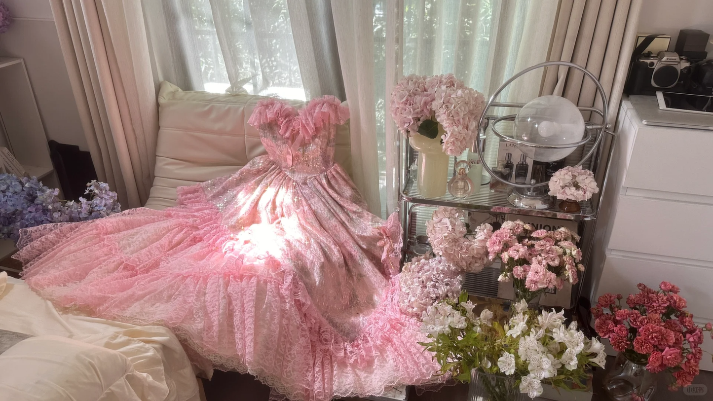 Pink sweet fashion elegant exquisite lace floral long tulle lace princess ball gown evening dress birthday dress adult ceremony dress gh4032