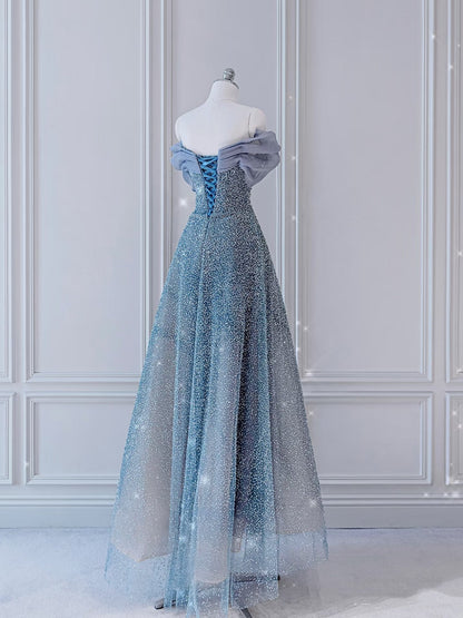 Modest Ball Gown Off The Shoulder Sequin Long Party Dress Gray Prom Dress P2325