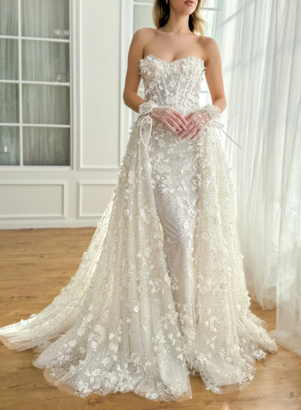 Elegant Ivory Strapless Sweetheart 3D Floral Sparkly Mermaid Detachable Tulle Beaded Long Train Wedding Dress TP5907
